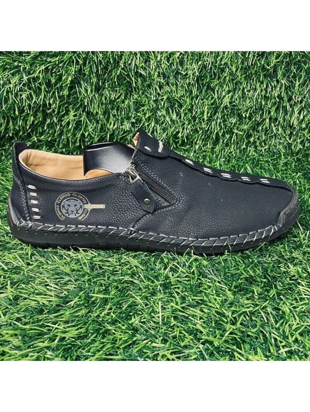CLOHOO Black Leather Slip-On Casual Shoes Men's 12 Side Zipper 2228